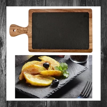 Perfect Home – Platou de servire cu mâner, din lemn de acacia și piatră de ardezie, 26×18 cm – Model 28111