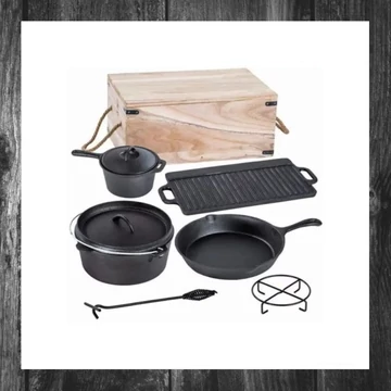 Perfect Home – Set BBQ Grill din fontă cu cutie de lemn, 6+1 piese – Model 28340