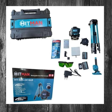 Nivelă laser verde 4D HITMAN HT-GLS-2416LD – 16V, 4x360°, cu stativ și accesorii