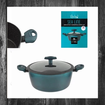 Cratită din aluminiu cu strat antiaderent Perfect Home Sea Line, 28 cm, 6,1 L, cu capac de sticlă, compatibilă cu inducție, cod 15352