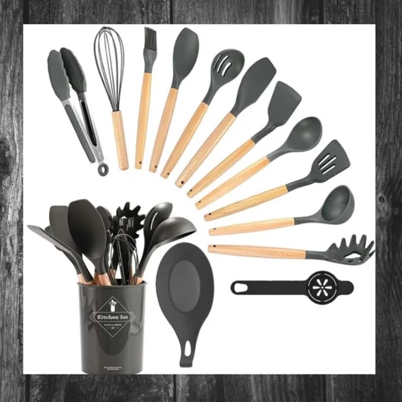 Set de 14 Utensile de Bucătărie cu Cap din Silicon Rezistent la Căldură, cu Suport – Gri, HOP10016581