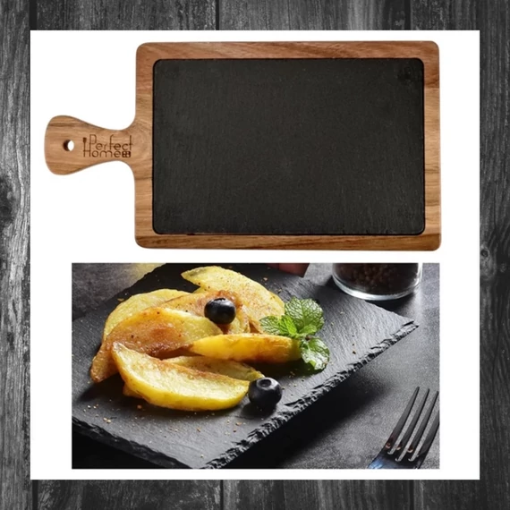 Perfect Home – Platou de servire cu mâner, din lemn de acacia și piatră de ardezie, 26×18 cm – Model 28111