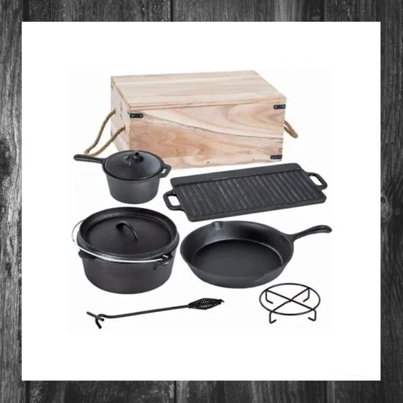 Perfect Home – Set BBQ Grill din fontă cu cutie de lemn, 6+1 piese – Model 28340