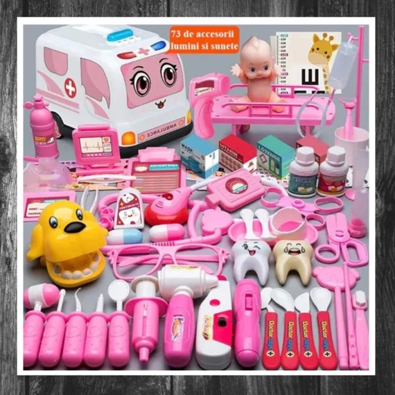 PROCART Set medical pentru copii, 73 piese, cu stetoscop, seringă, ambulanță, lumini și sunete 839-023-PINK