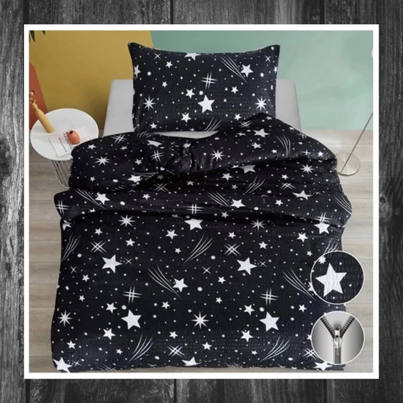 Set de lenjerie de pat PLÜSS din 7 piese, model stea căzătoare, negru HCS-F