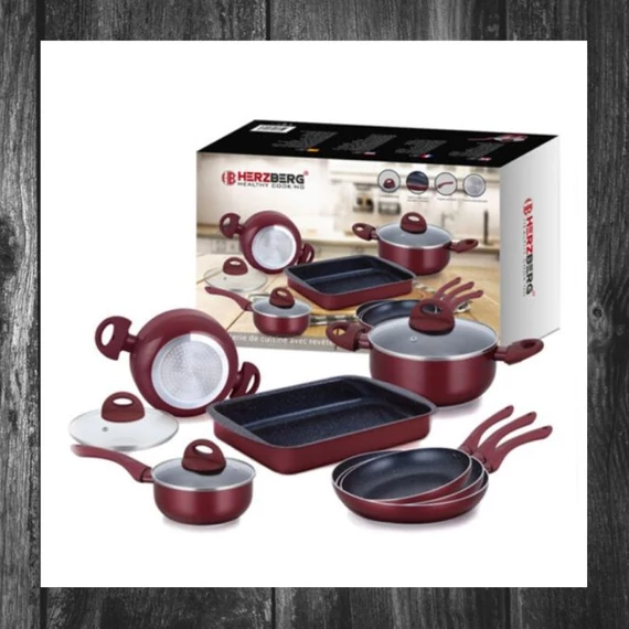 Set de vase Herzberg 10 piese cu acoperire din marmură - burgund HG-9016BR
