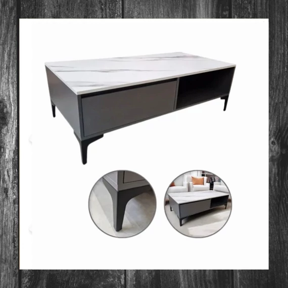 Masă de cafea cu două niveluri – 120x60x40 cm, alb marmorat și grafit – STL17