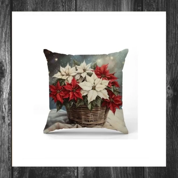 Husă decorativă de Crăciun pentru pernă – Crăciuniță în coș (45 × 45 cm) POD204